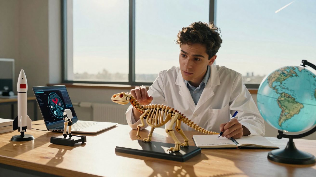 Jovem cientista examina esqueleto de dinossauro em miniatura numa mesa com globo, computador e cadernos.