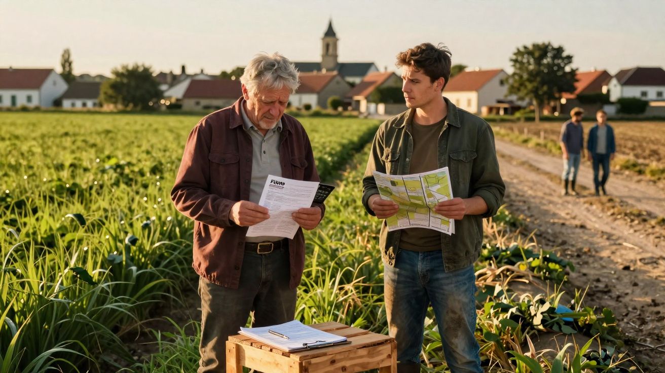 Dois homens numa quinta a analisar documentos e mapas com casas e igreja ao fundo ao pôr do sol.