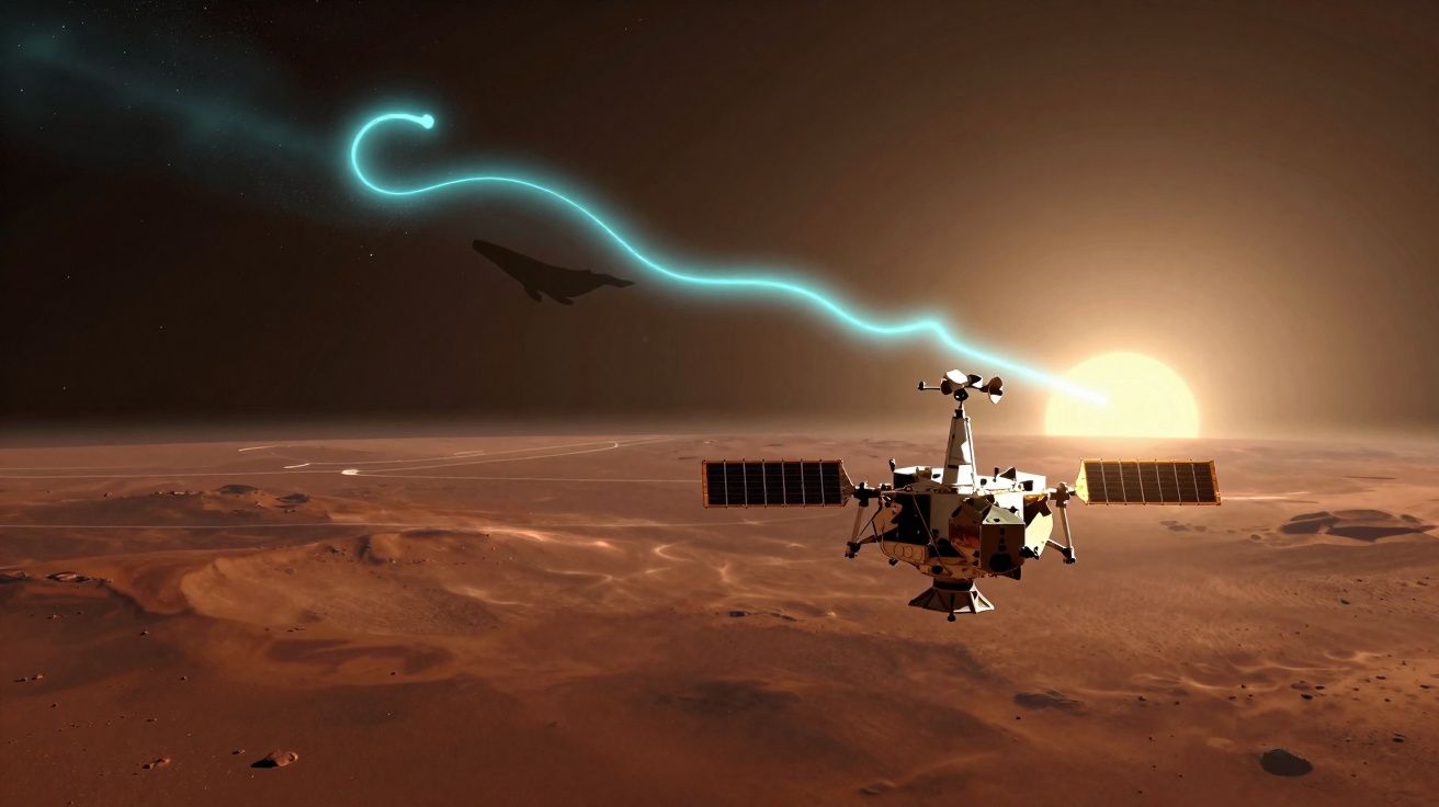 Sonda espacial sobrevoando paisagem marciana com luz azul serpenteante e sol ao fundo no horizonte.