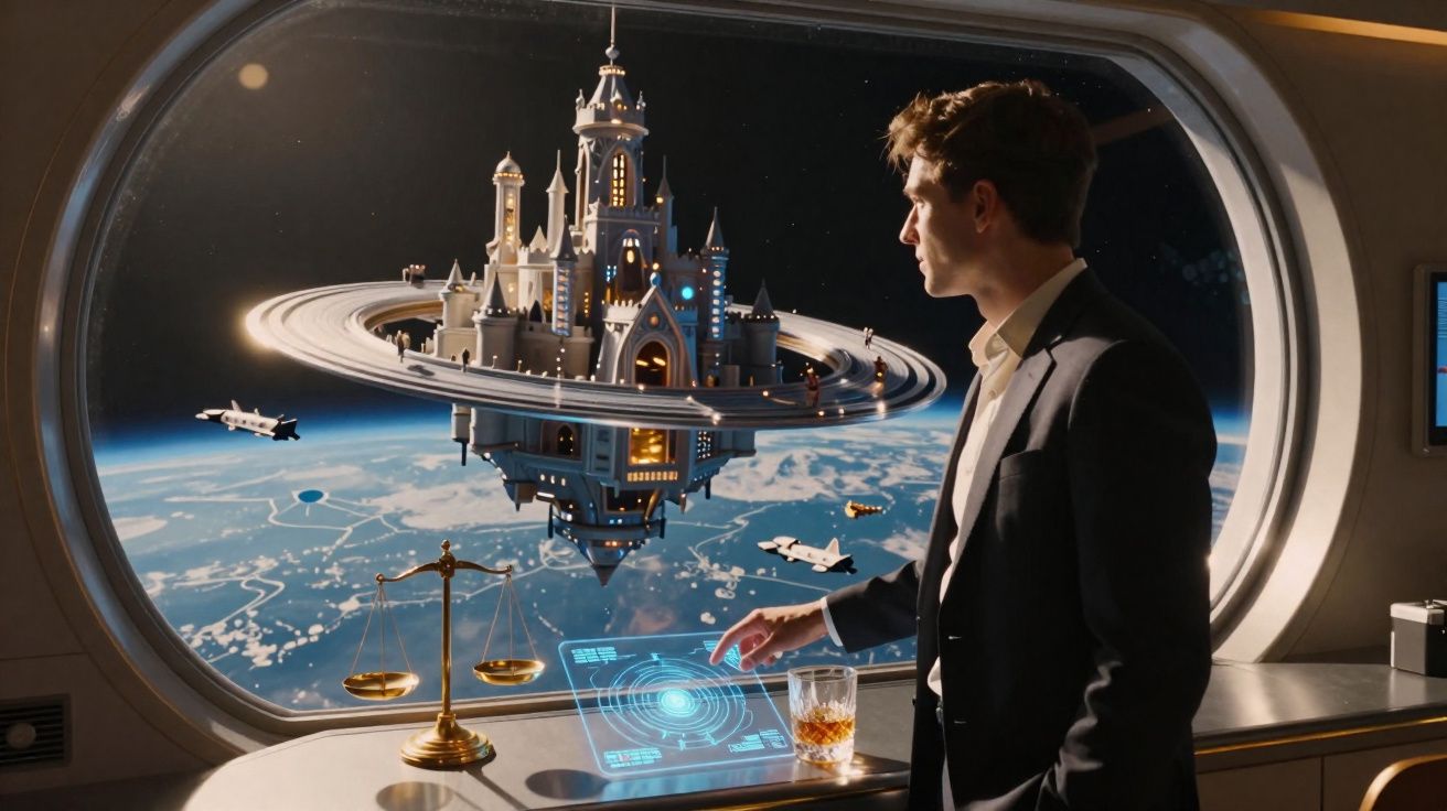 Homem em fato observa castelo flutuante com anéis no espaço através de janela de nave espacial futurista.