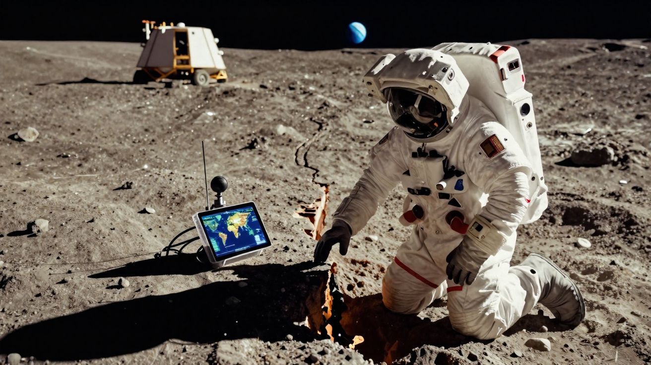 Astronauta em fato espacial na superfície lunar junto a equipamento com mapa digital e módulo lunar ao fundo.