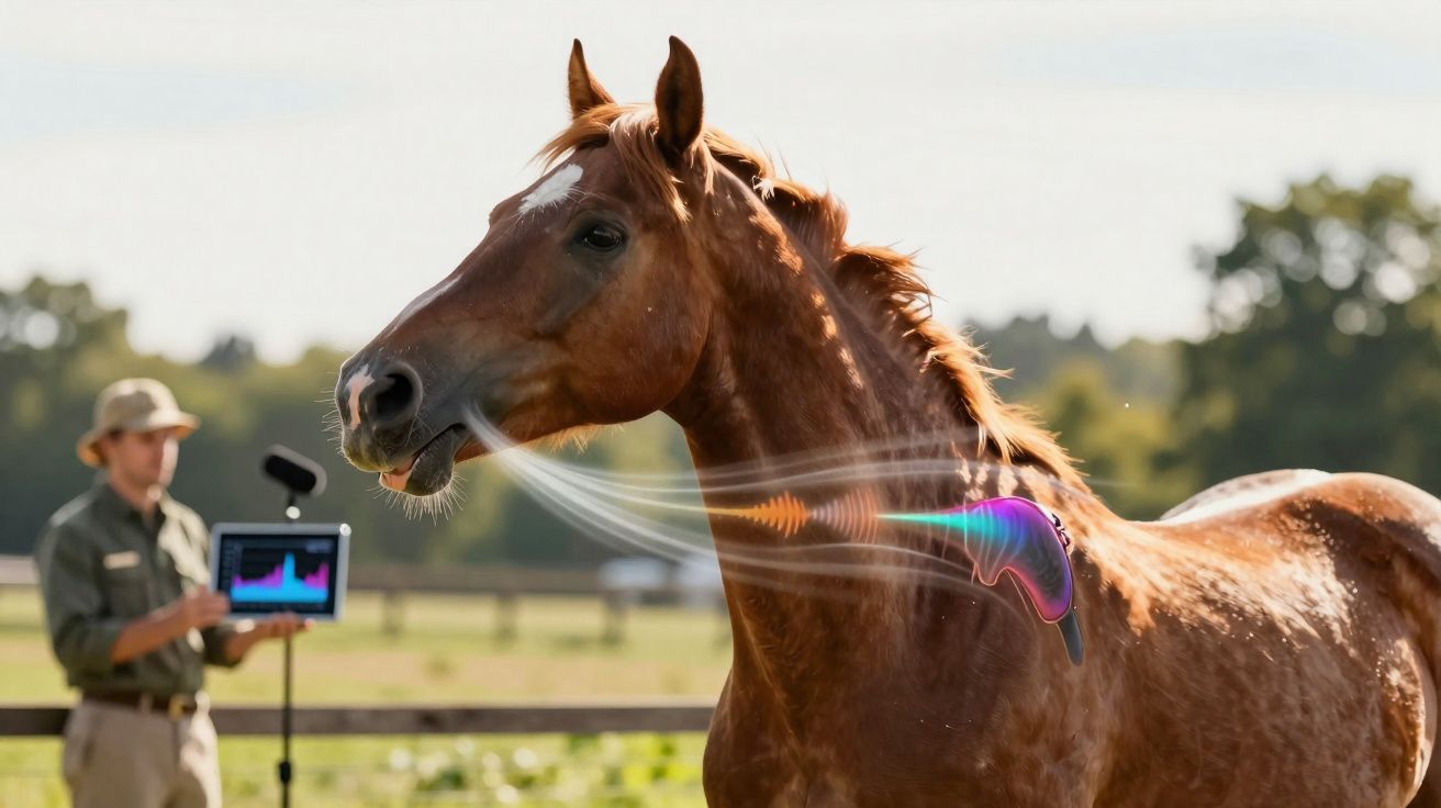 Cavalo castanho com sensor nas costas, com especialista a analisar dados em tablet ao fundo num campo.