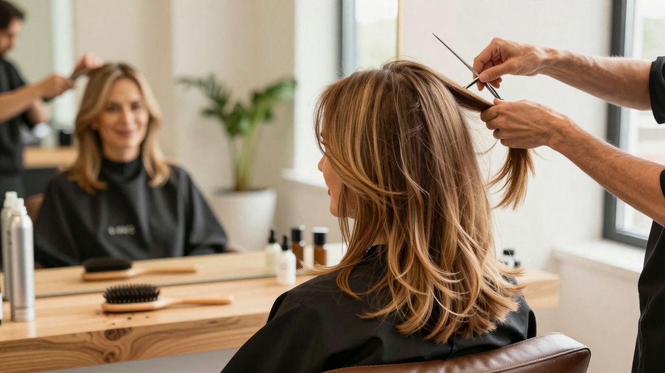 Mulher a cortar cabelo num salão, vista de costas, com espelho refletindo o seu rosto sorridente.