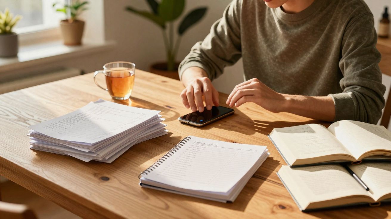 Pessoa a estudar com cadernos, livros abertos e chá numa mesa de madeira iluminada pela luz natural.
