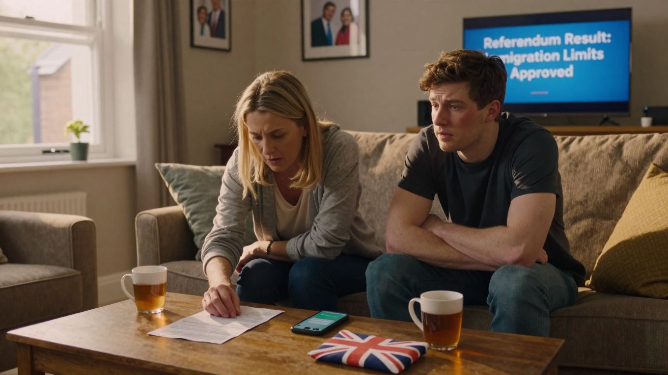 Casal sentado no sofá a analisar documentos com chá e telemóvel numa mesa de madeira à frente.