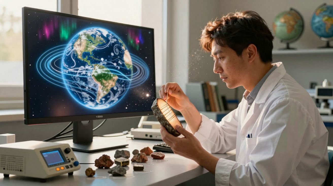 Cientista analisa rocha iluminada em laboratório com imagem digital da Terra no ecrã ao fundo.