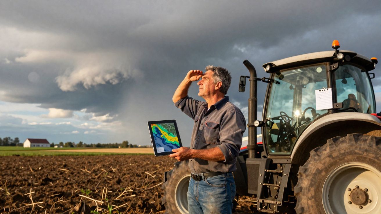 Agricultor com tablet a prever o tempo numa terra arada junto a um trator sob céu nublado.