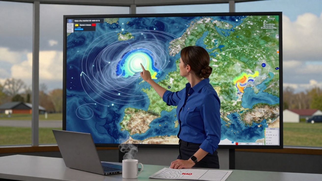 Mulher aponta para mapa digital de tempestade na Europa em ecrã grande num escritório moderno.