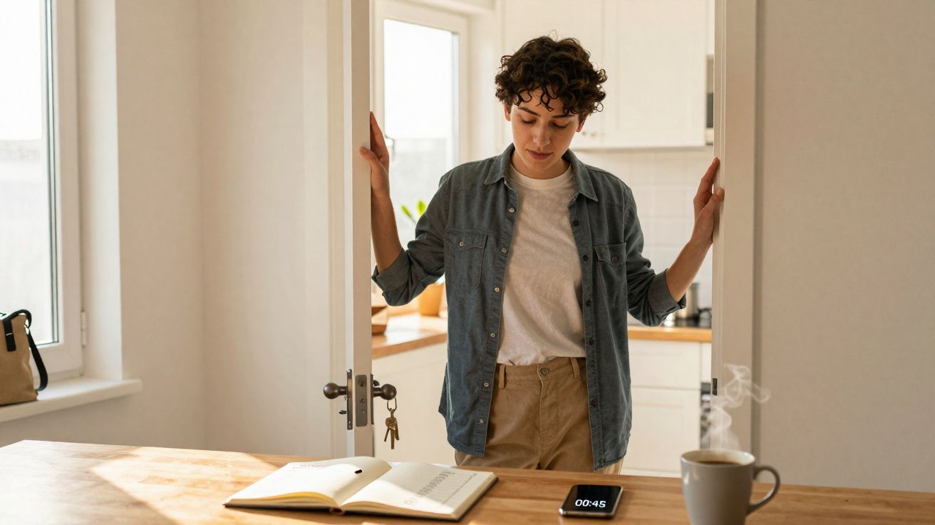 Pessoa a abrir porta para entrar na cozinha, com livro aberto na mesa e chávena fumegante ao lado.