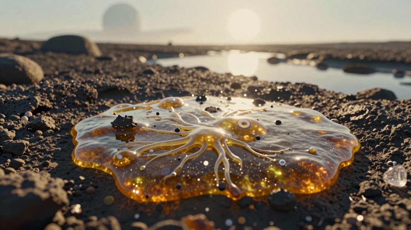Forma amarelada translúcida com tentáculos, semelhante a um organismo marinho, sobre terreno rochoso ao pôr do sol.