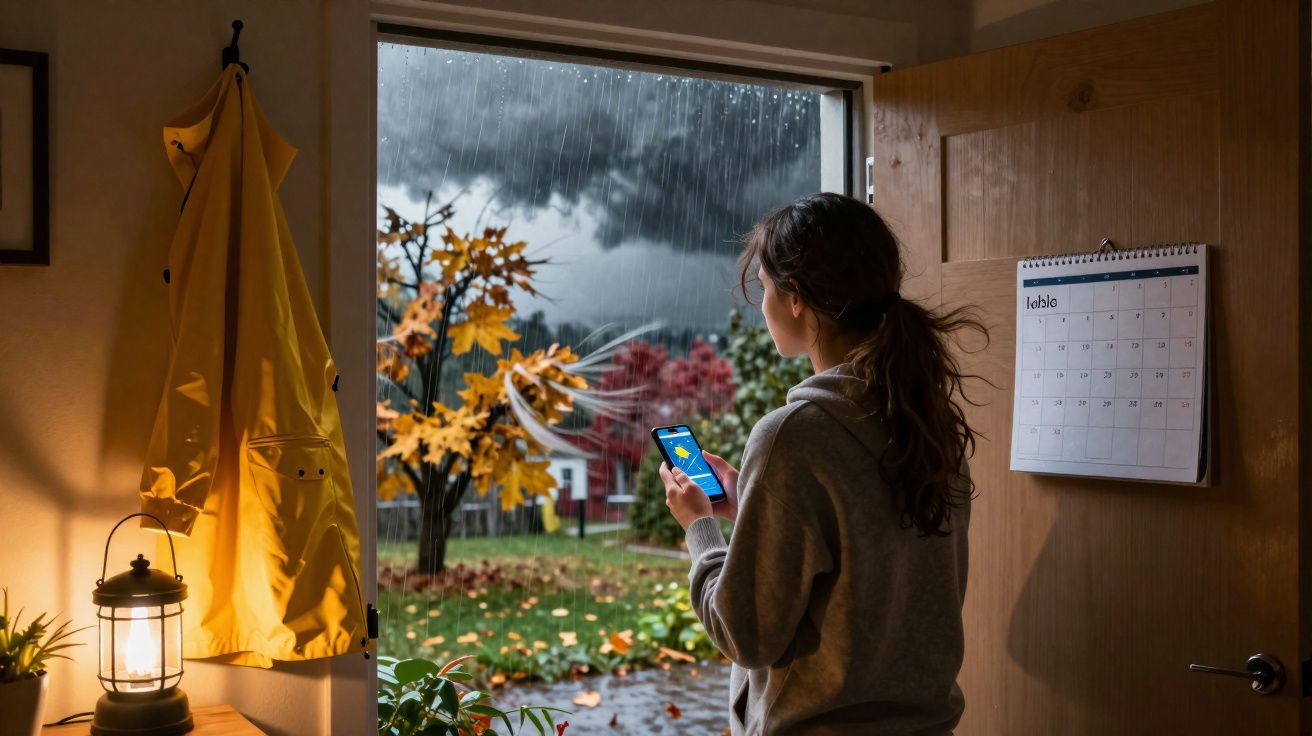 Mulher dentro de casa a ver precipitação de chuva de outono através da porta aberta enquanto segura telemóvel.