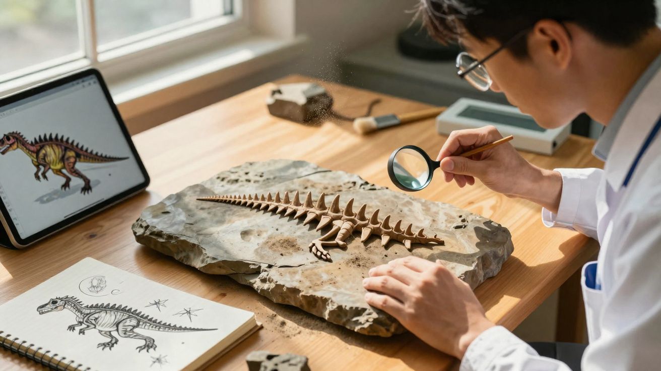 Pessoa a analisar fóssil de dinossauro com lupa numa mesa com esboços e tablet mostrando desenho do animal.