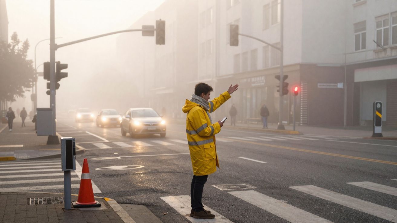 Pessoa de casaco amarelo a pedir boleia numa rua com nevoeiro e carros a aproximarem-se.