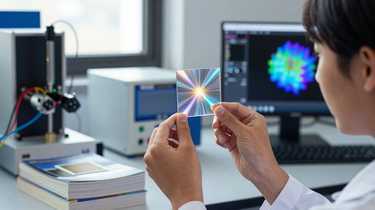 Pessoa de bata branca a segurar um objeto espelhado colorido num laboratório com computador e equipamento técnico.