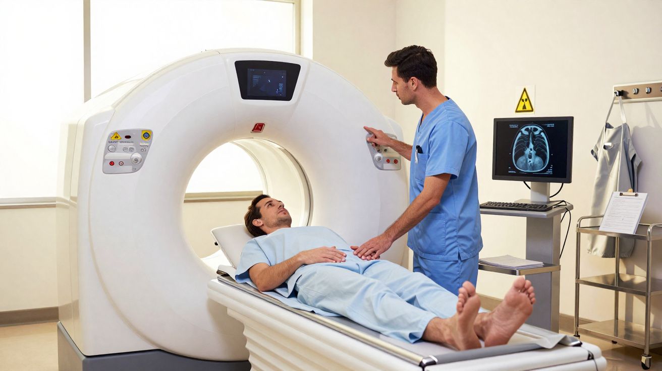 Paciente deitado em máquina de tomografia, técnico ajusta equipamento para exame médico.