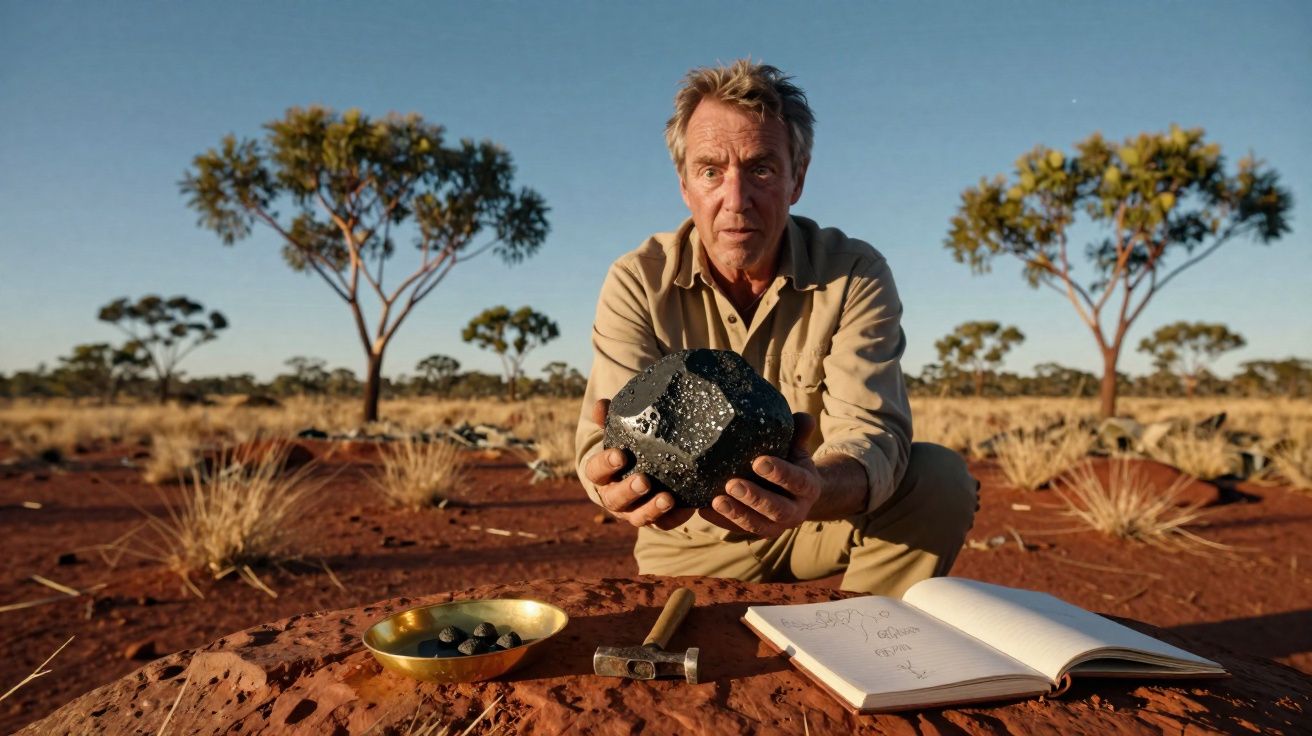 Homem ajoelhado no deserto a mostrar grande rocha negra com caderno, martelo e pedras ao lado.