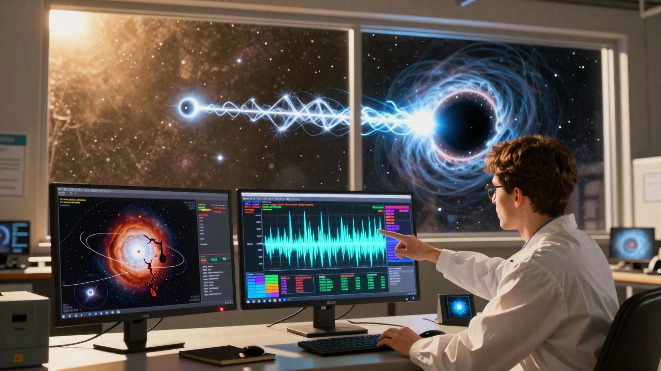 Cientista analisa dados cósmicos em dois ecrãs com buraco negro e universo visíveis através da janela.