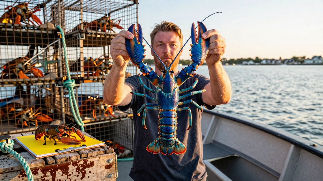 Homem a segurar uma lagosta azul grande num barco perto de armadilhas para lagostas ao pôr do sol.
