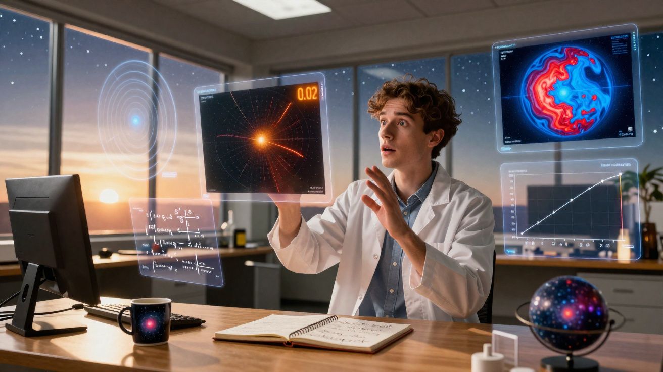 Cientista jovem interage com gráficos e projeções virtuais sobre física e astrofísica num laboratório moderno.