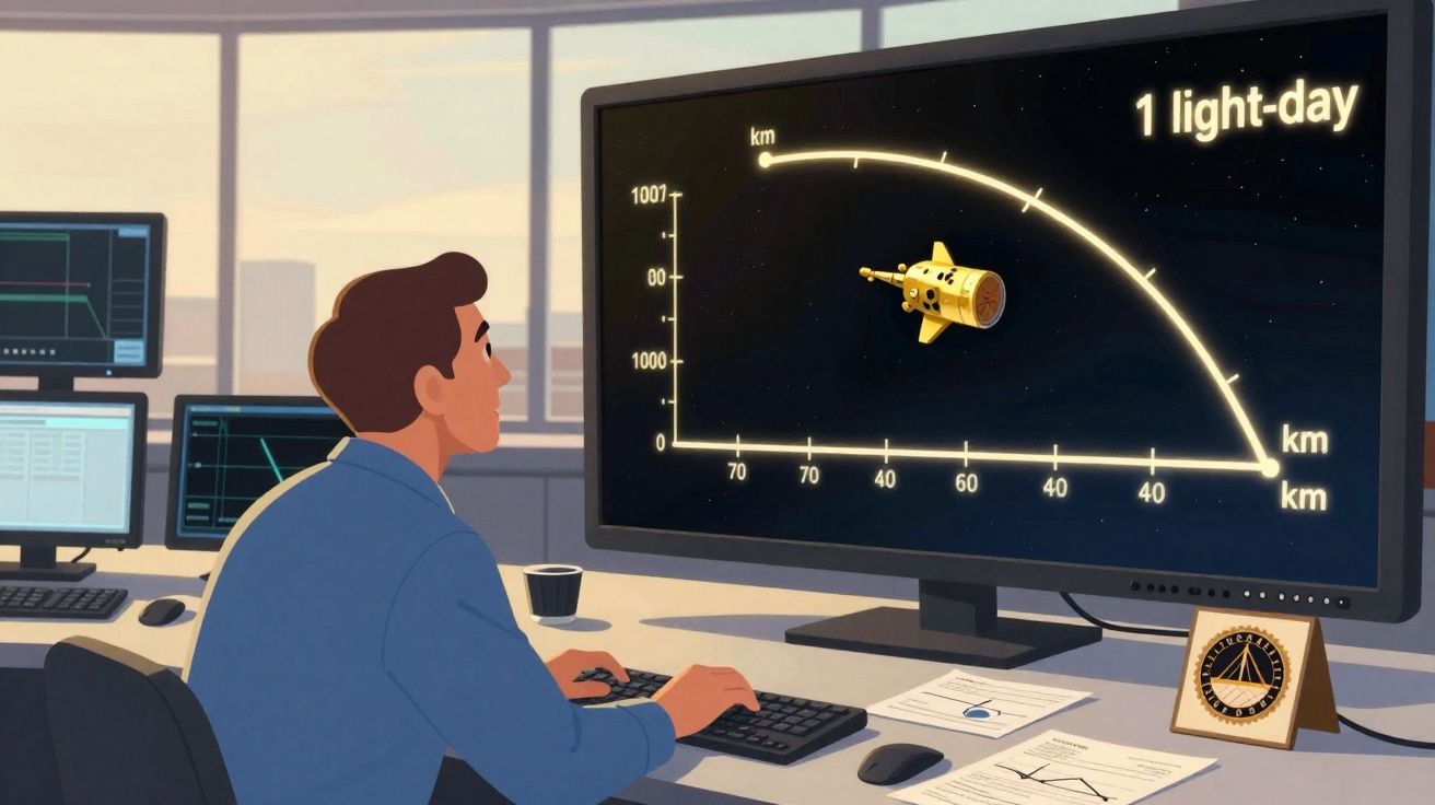 Homem a analisar dados de trajetória espacial de nave num ecrã grande num escritório moderno.