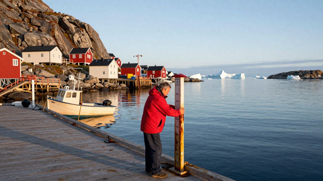 Homem junto ao cais mede o nível da água com casas coloridas e icebergs ao fundo na costa rochosa.