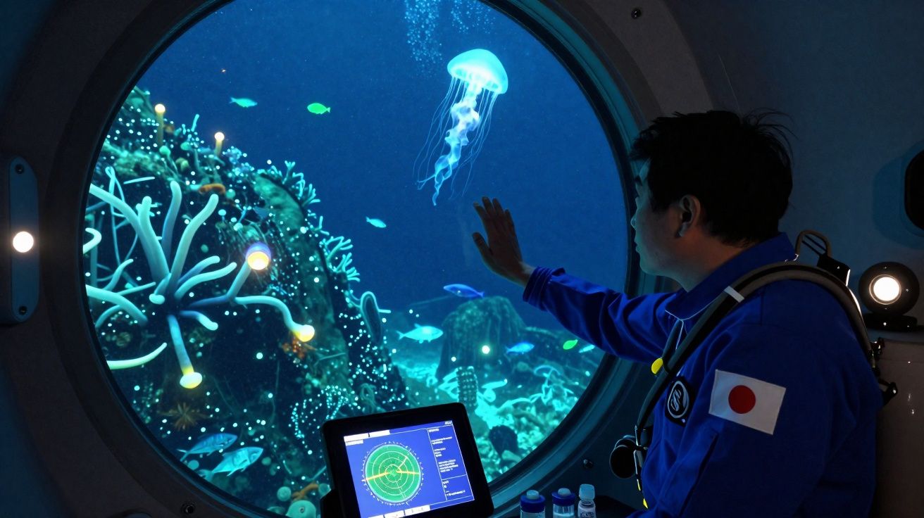Pessoa dentro de submarino observa medusa luminosa através de janela redonda com corais e peixes no fundo do mar.