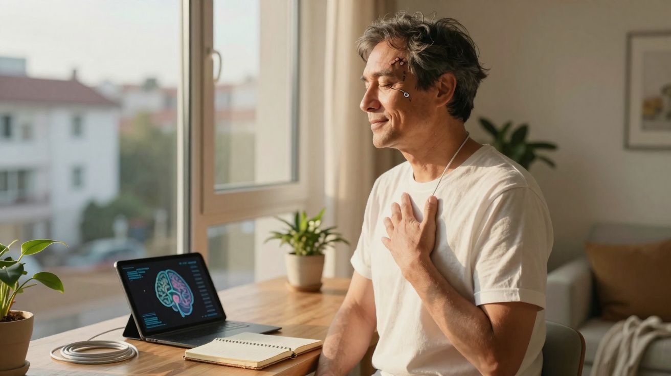 Homem sentado junto a uma mesa com dispositivo de monitorização cerebral, de olhos fechados e mão no peito.
