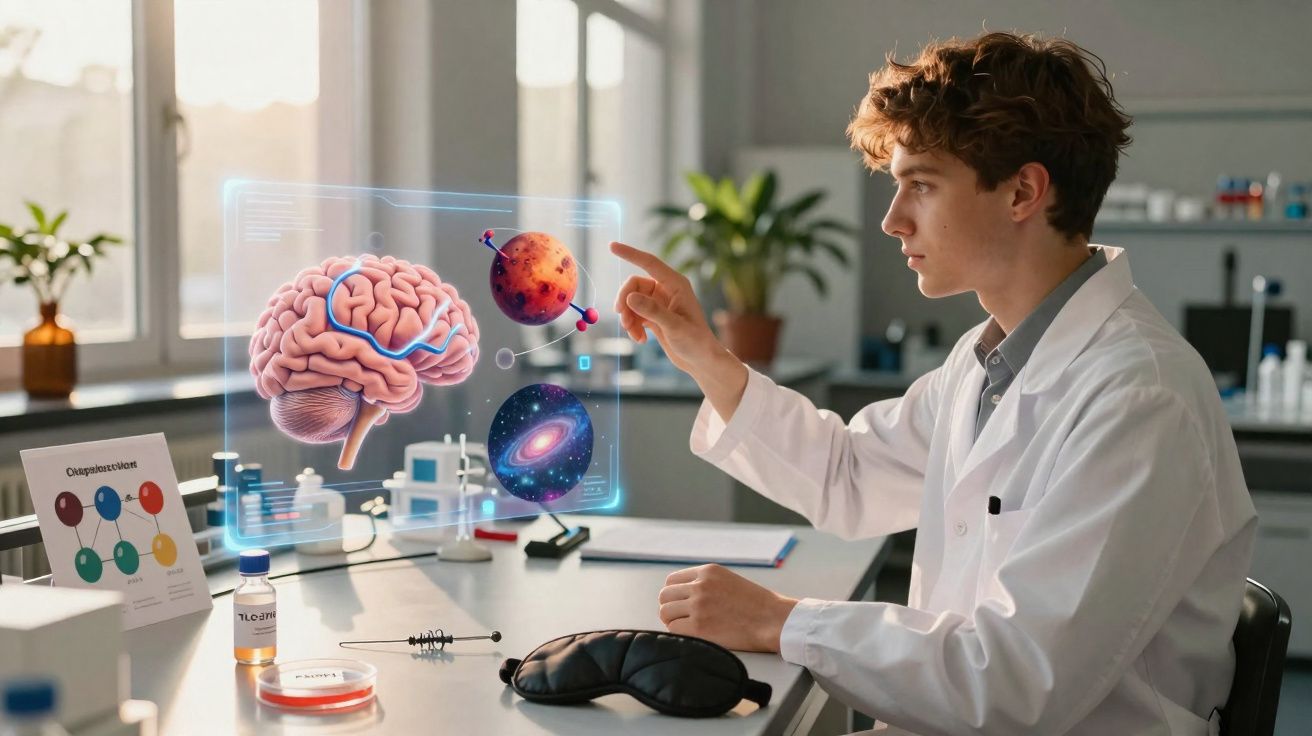 Cientista jovem em laboratório interage com hologramas de cérebro, planeta e galáxia suspensos no ar.