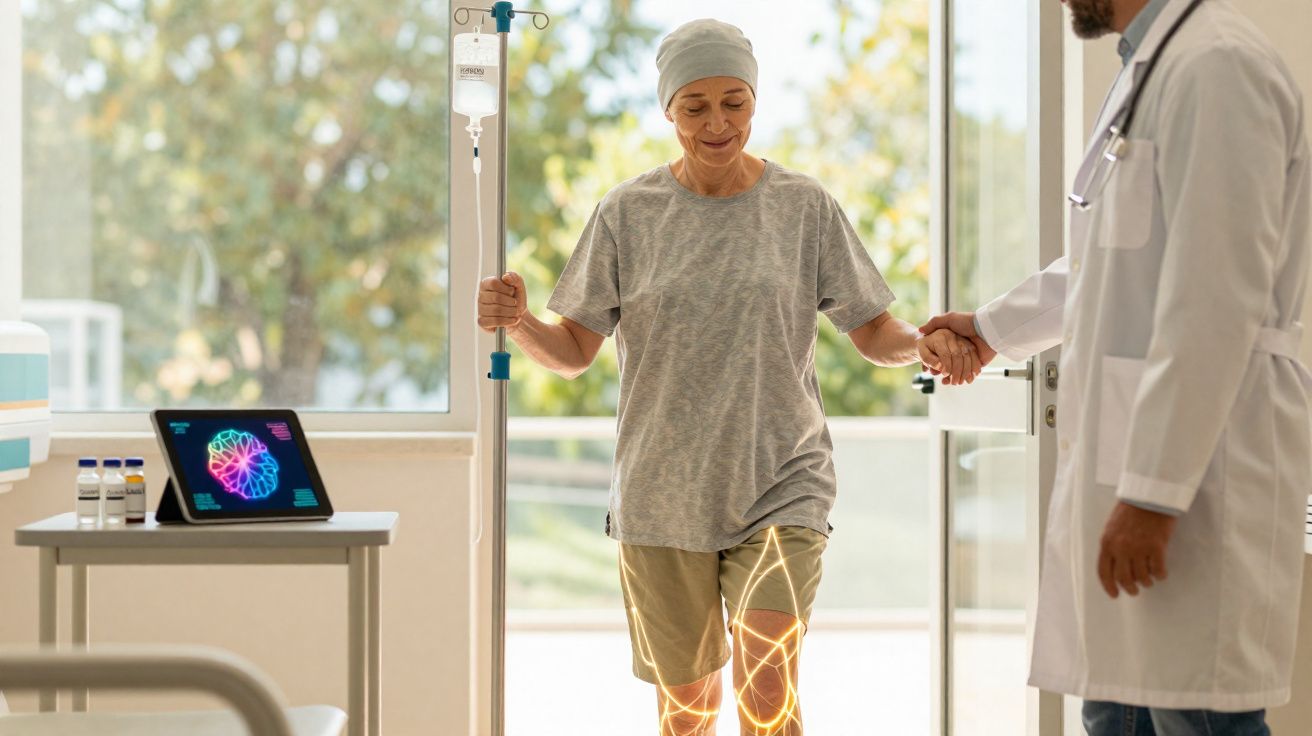 Paciente oncológica com touca a receber suporte de médico enquanto caminha com soro no ambulatório.
