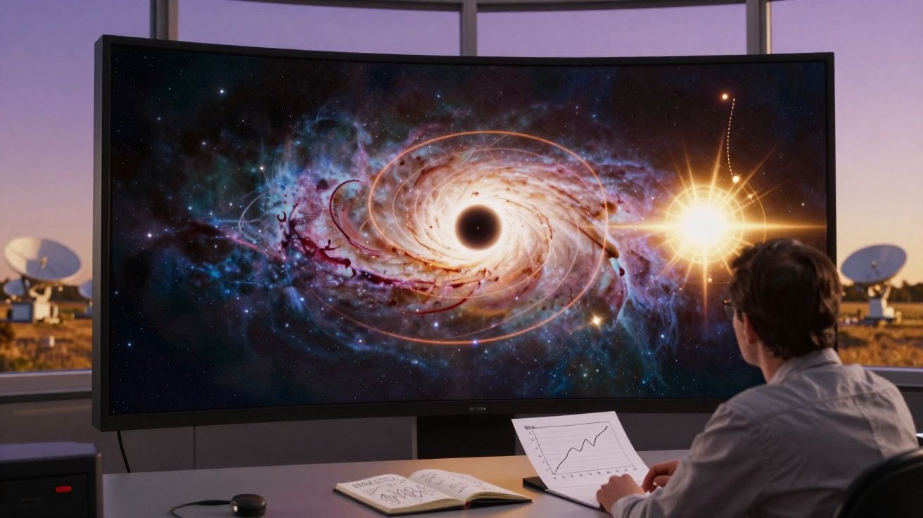 Pessoa observando simulação de buraco negro e estrelas num ecrã curvo num laboratório de astronomia.