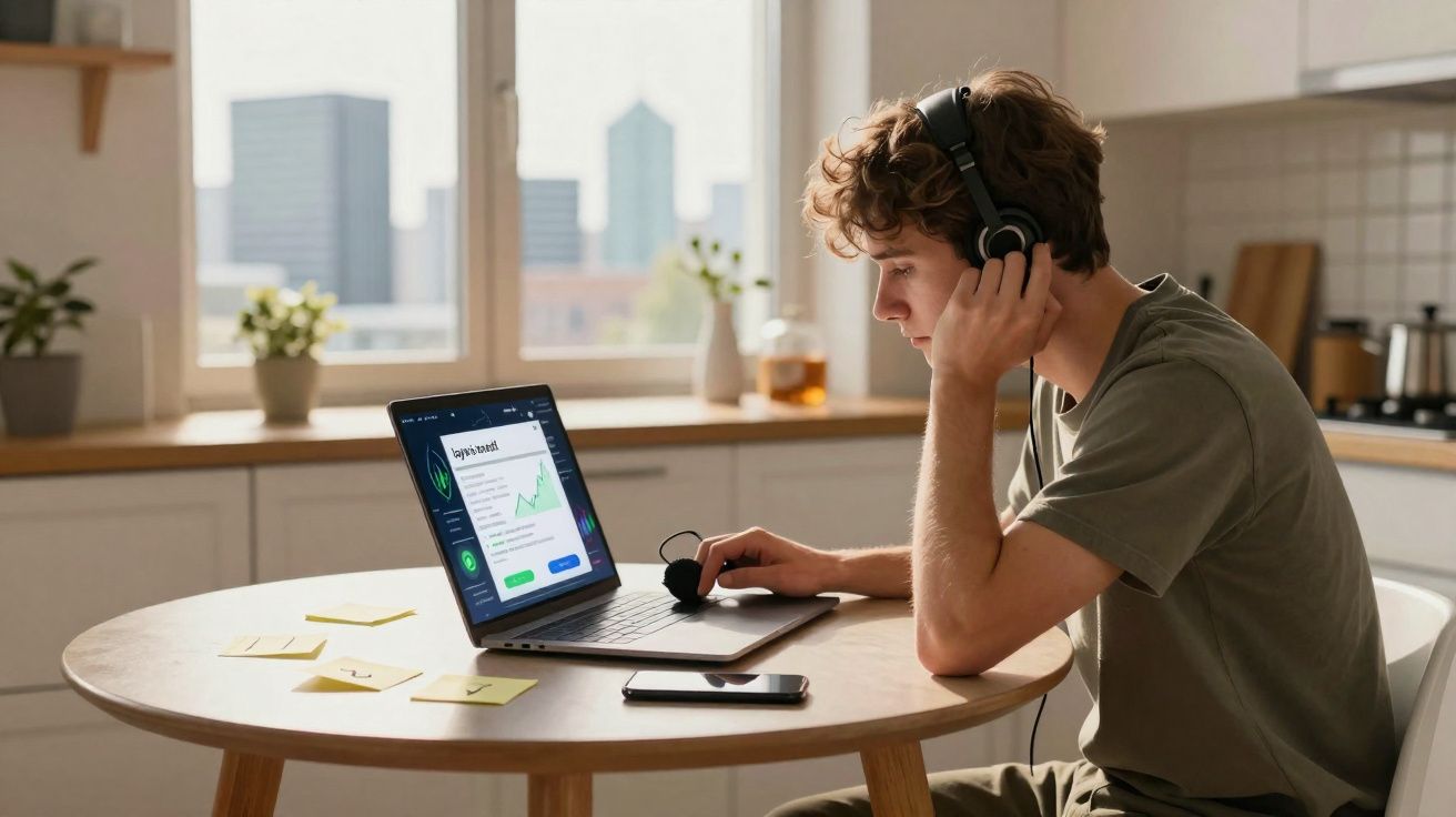Jovem com auscultadores sentado à mesa a analisar gráficos num portátil numa cozinha iluminada.