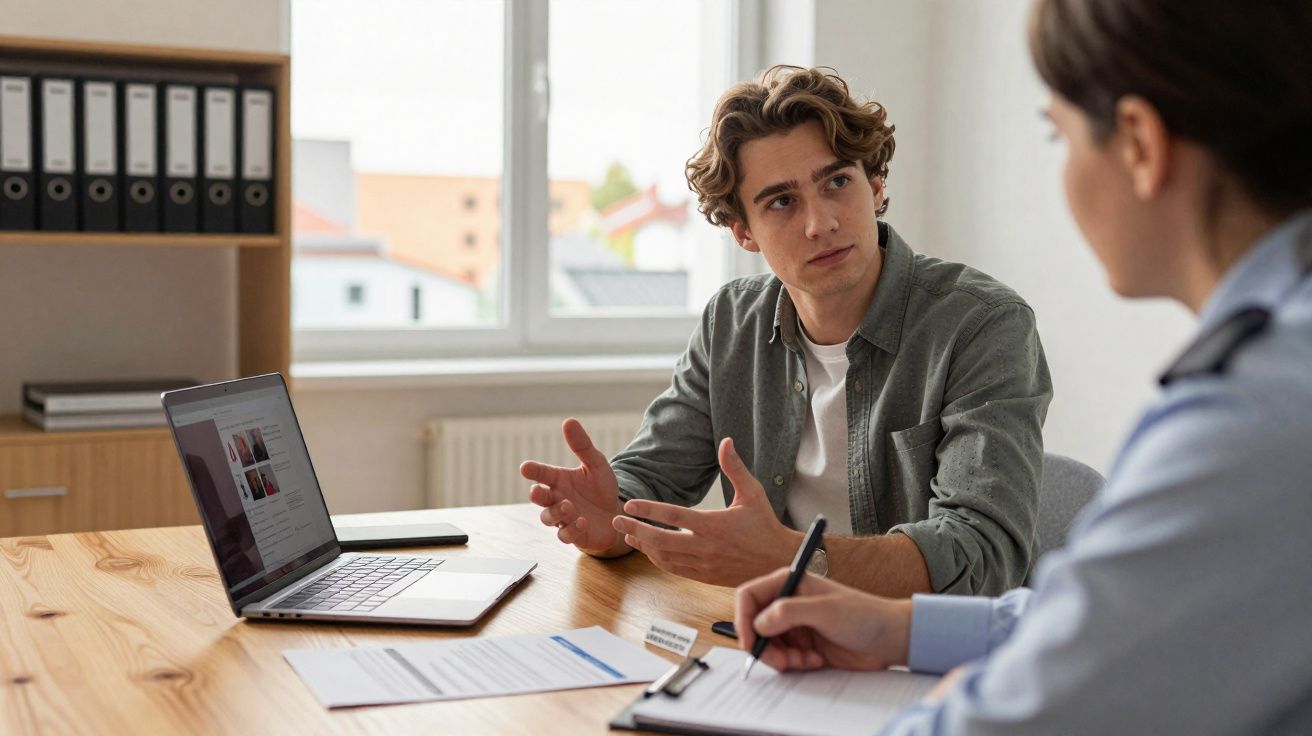 Jovem a explicar algo durante entrevista de trabalho com laptop e documentos numa sala de escritório.