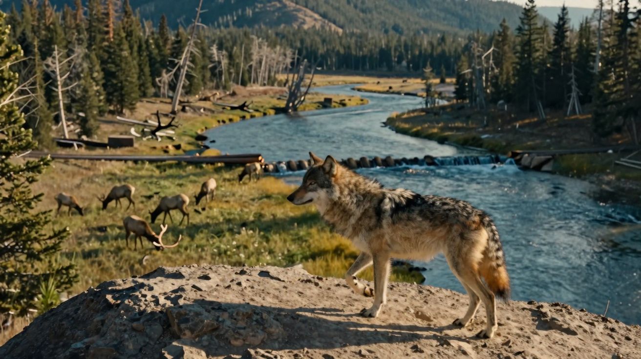 Lobo em pedra junto a rio serpenteante, com veados pastando em campo e pinheiros ao fundo.