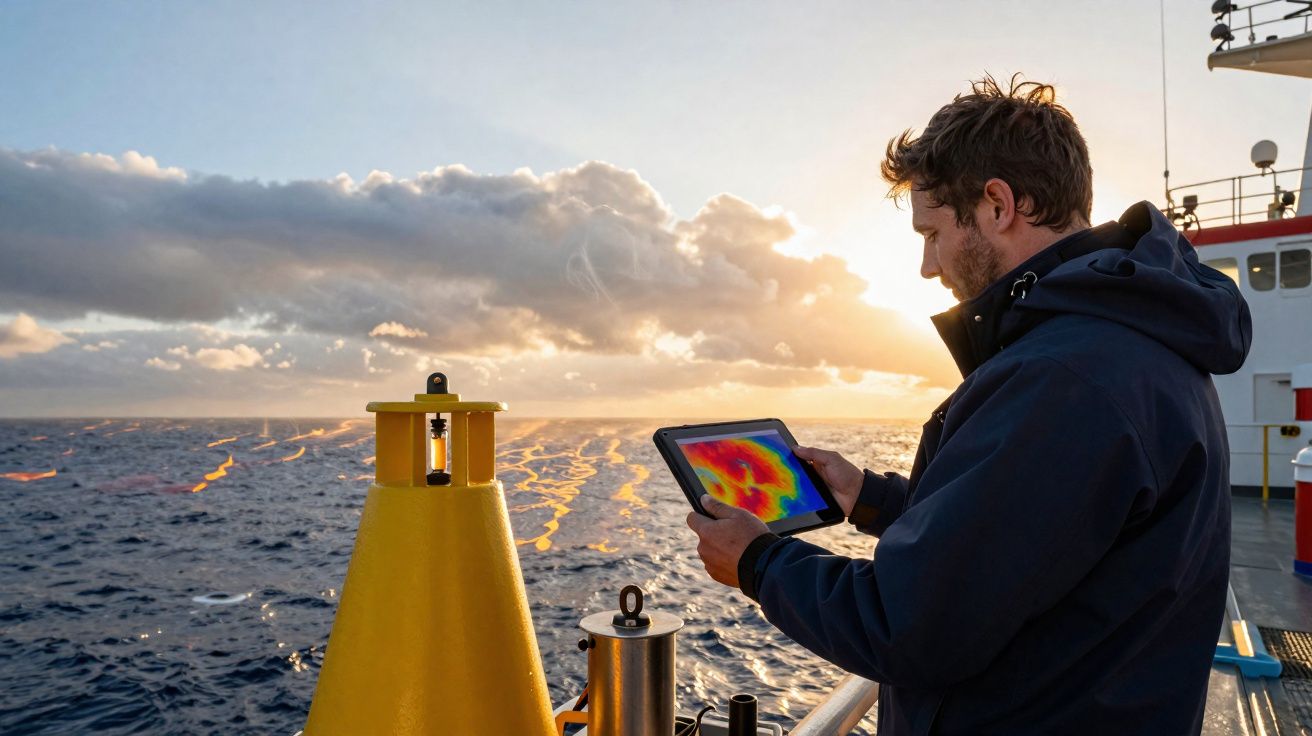 Homem a bordo de navio usa tablet com imagens térmicas junto ao mar ao pôr do sol.