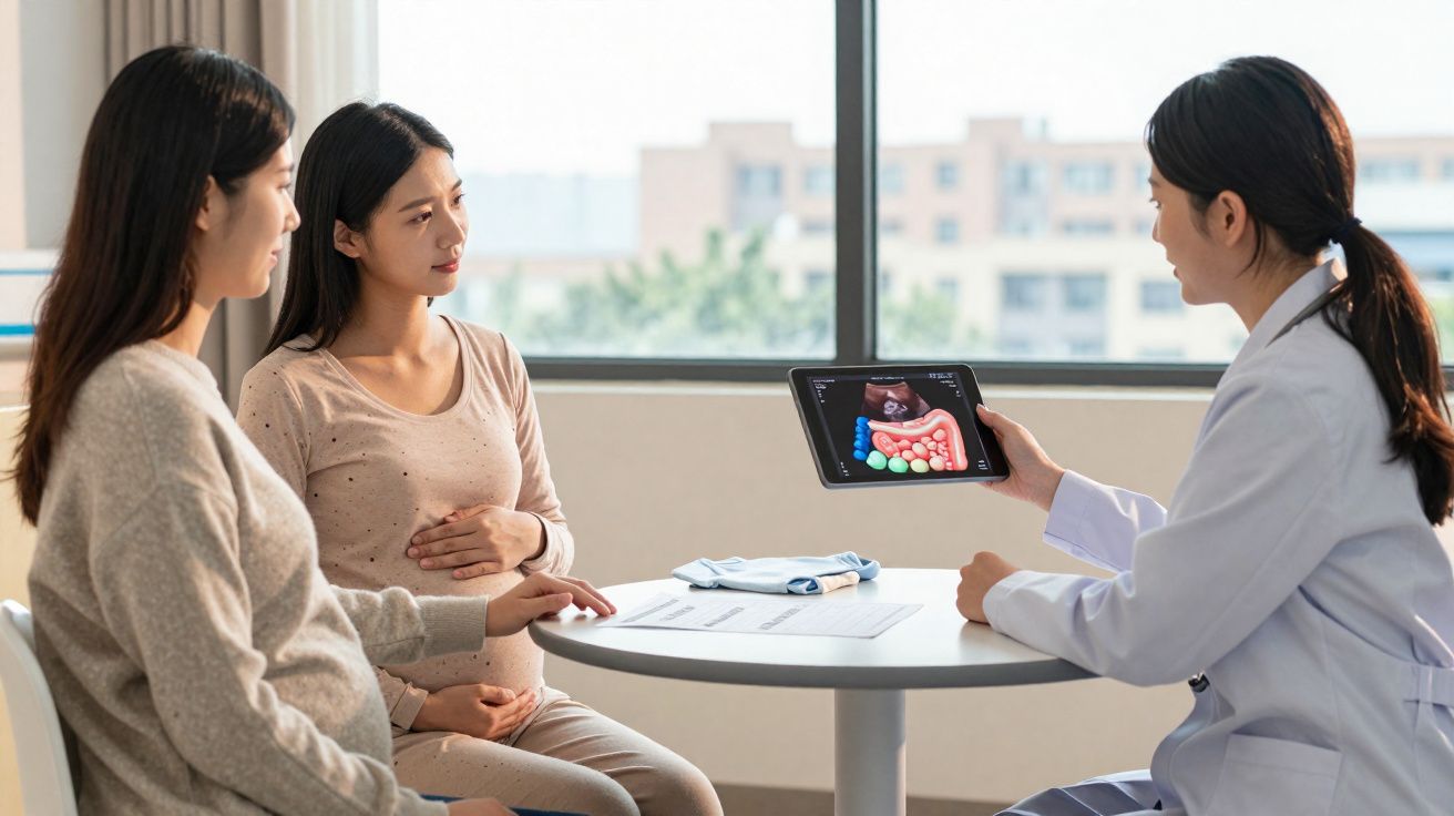 Doutora mostra ultrassom a duas grávidas sentadas à mesa numa consulta num consultório iluminado.