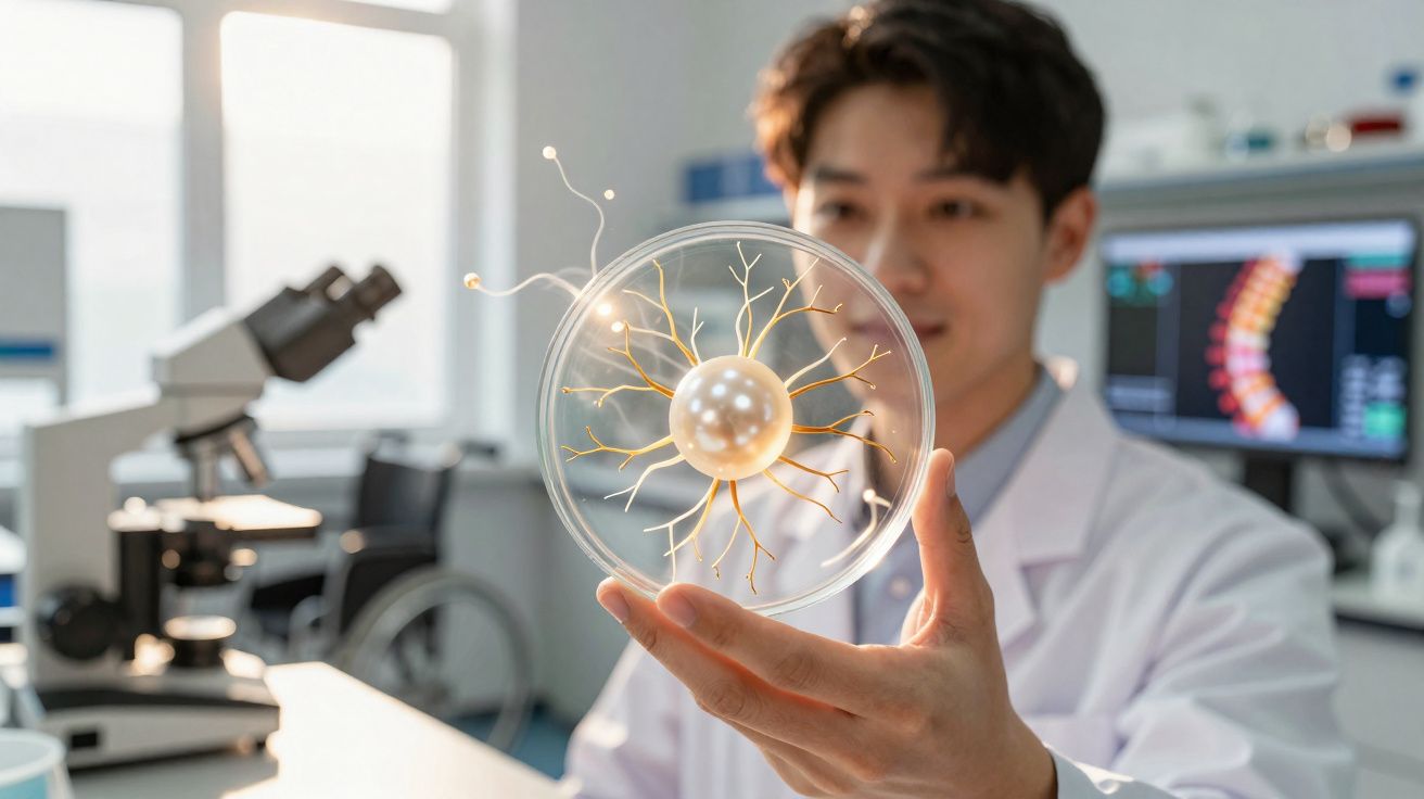 Cientista em laboratório a observar modelo digital de célula ou neurónio dentro de uma placa de Petri.