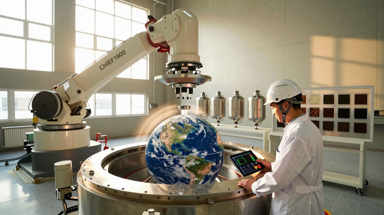 Cientista em laboratório controla robô industrial que manipula um modelo giratório do planeta Terra.