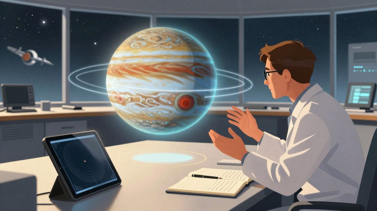 Cientista observa holograma do planeta Júpiter com anéis numa sala de controlo tecnológica.
