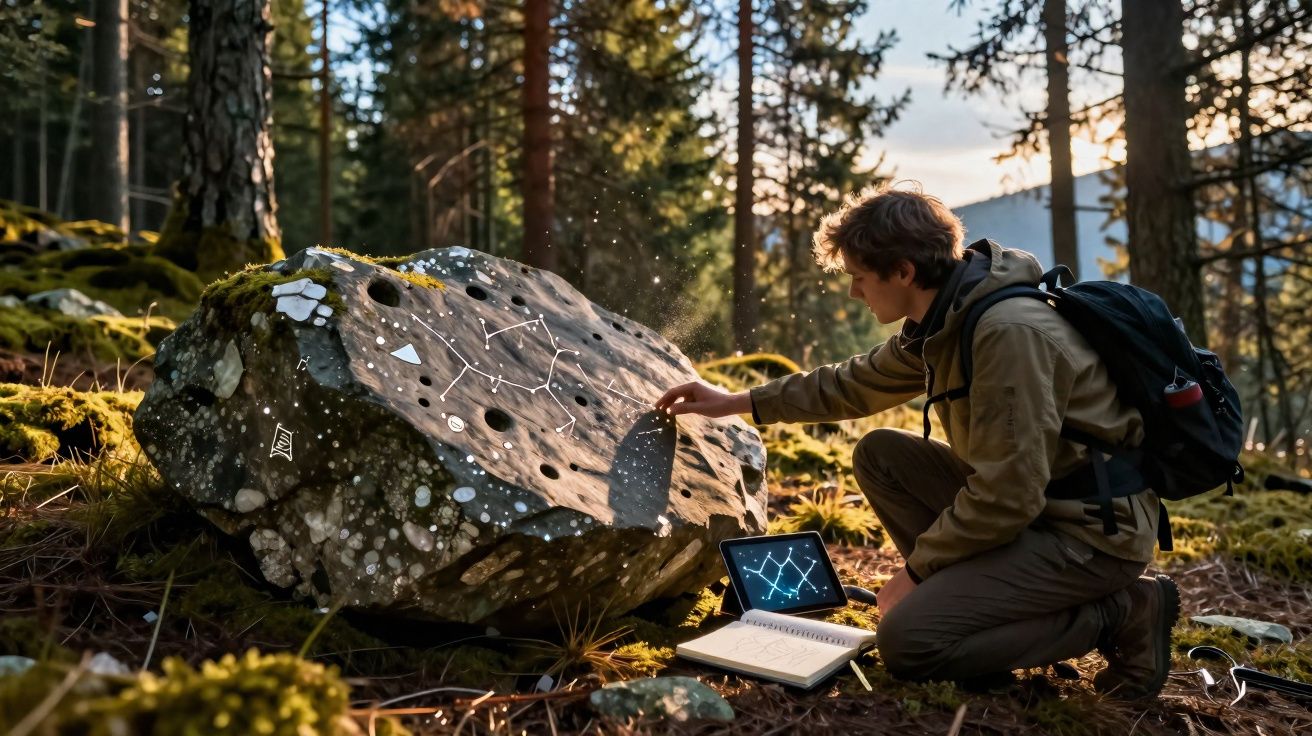 Jovem sentado na floresta analisa inscrições e mapas de constelações numa pedra e num portátil.