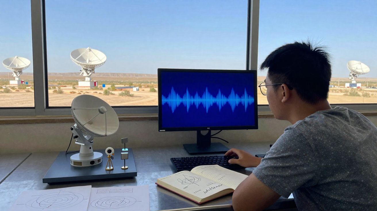 Homem a analisar gráficos de ondas sonoras num ecrã, com antenas parabólicas visíveis através da janela.