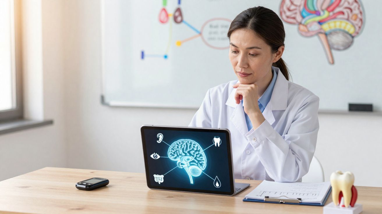 Mulher médica a analisar imagem digital de cérebro num computador portátil numa sala de consulta.