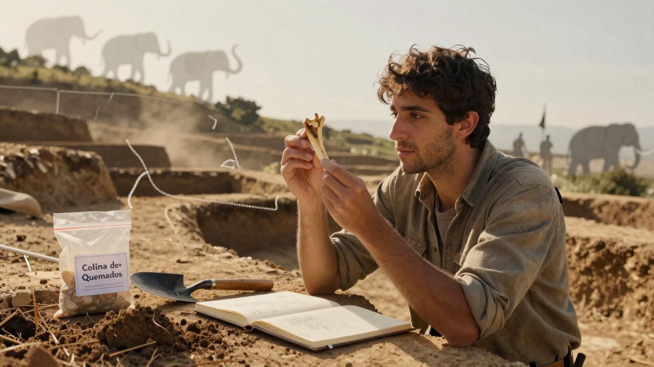 Jovem arqueólogo examina osso durante escavação em sítio arqueológico com figuras de elefantes ao fundo.