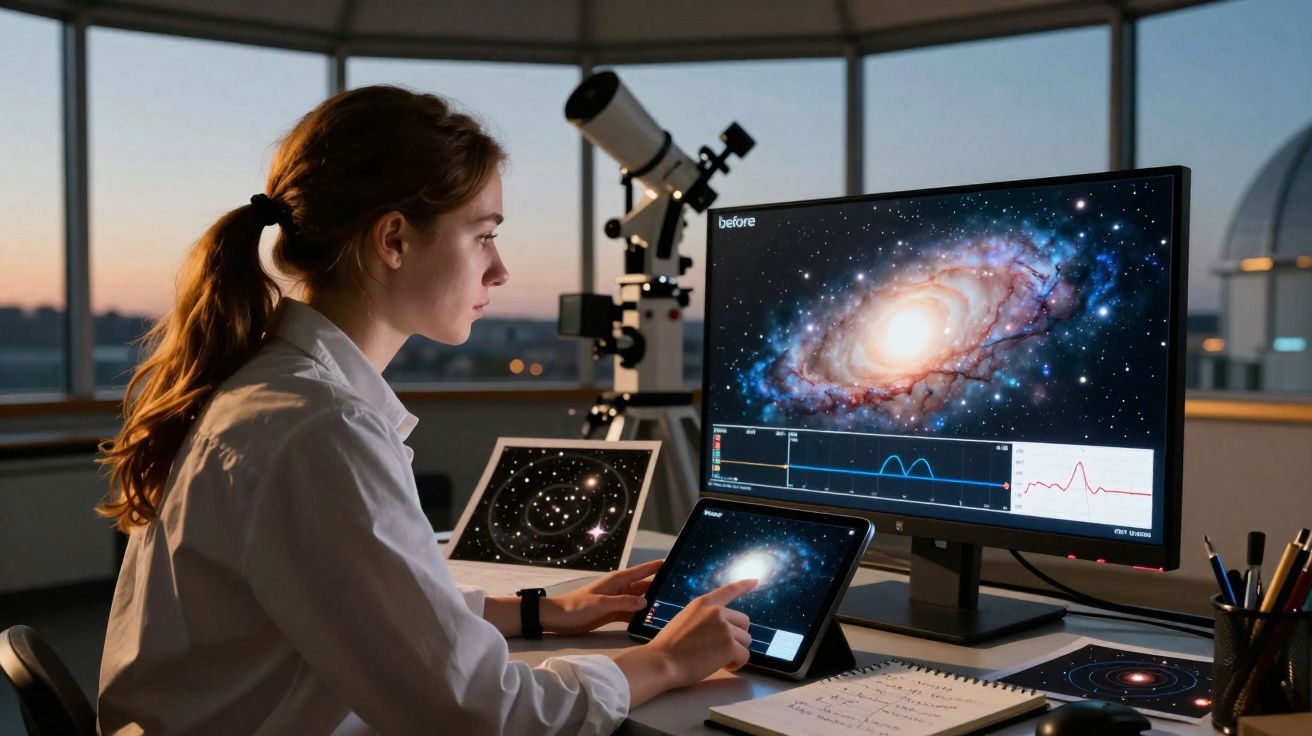 Mulher a observar imagens de galáxias num tablet e monitor, com telescópio ao fundo numa sala de observação.