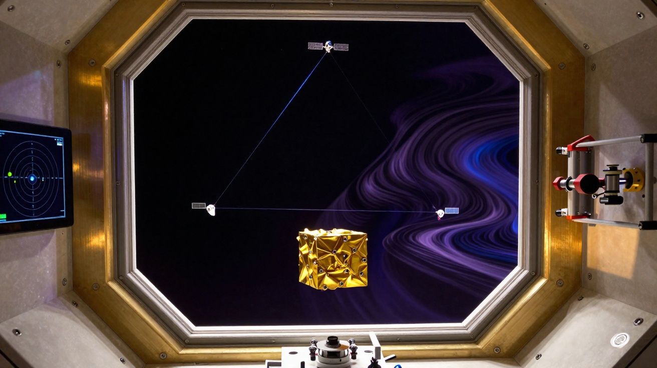 Visão interior de um equipamento espacial com um satélite dourado suspenso e três satélites pequenos ligados por cabos no esp