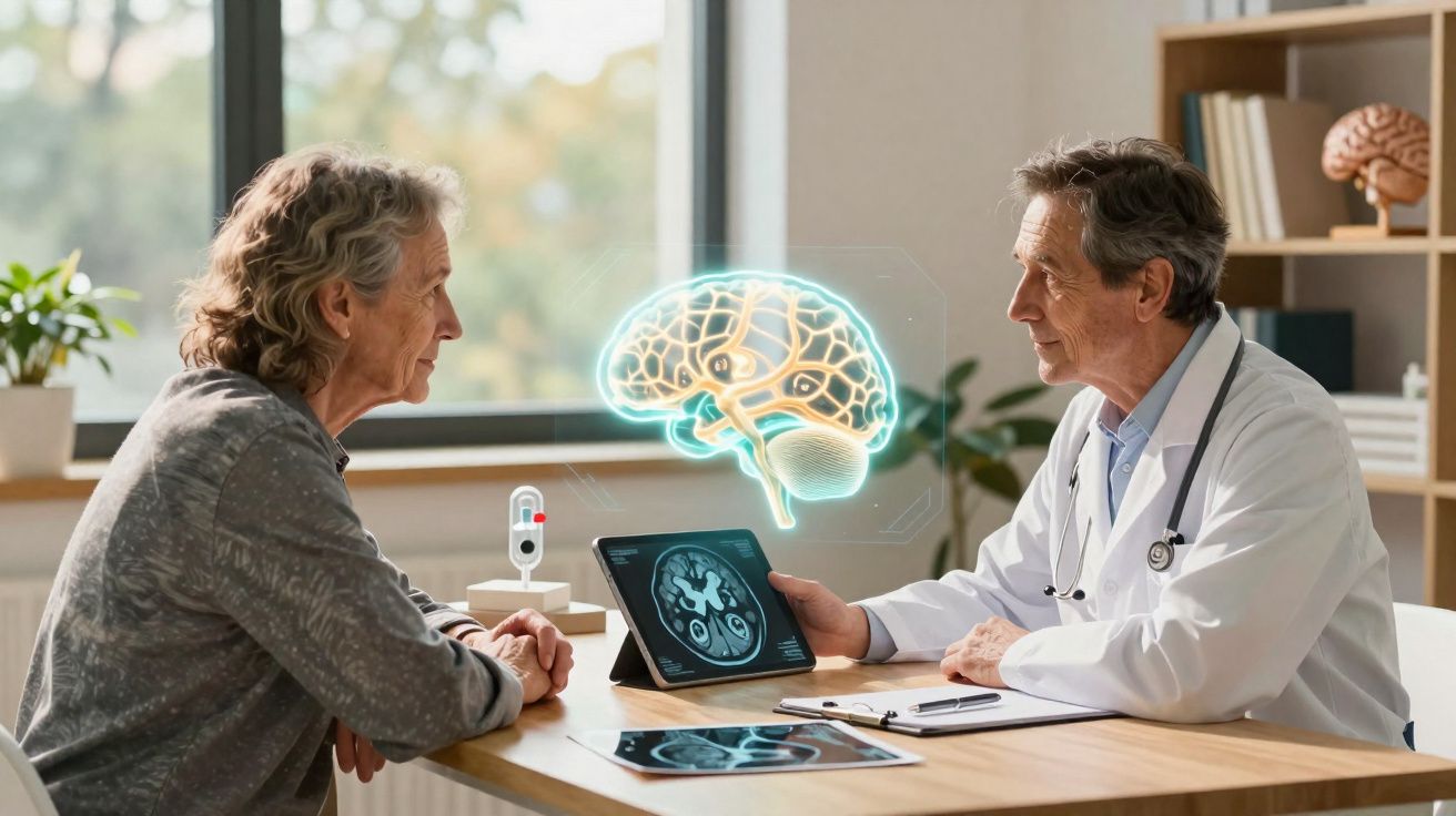 Médico a mostrar imagens cerebrais digitais a mulher idosa durante consulta numa clínica moderna.
