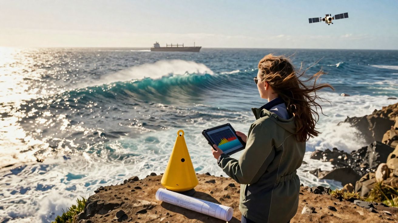 Mulher com tablet observa o mar agitado, com barco no horizonte e satélite no céu, equipada para monitorização oceanográfica.