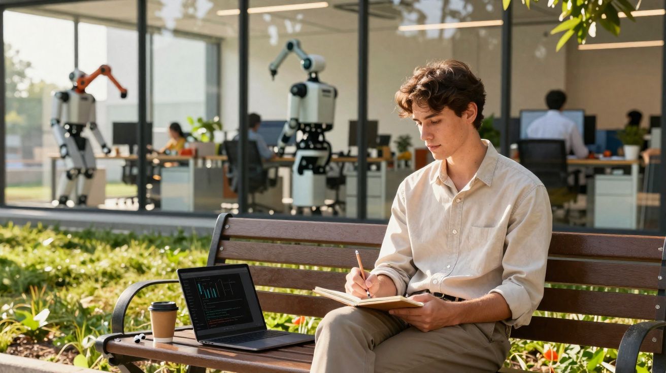 Jovem sentado num banco de jardim a escrever num caderno, com portátil aberto e robôs visíveis através da janela.