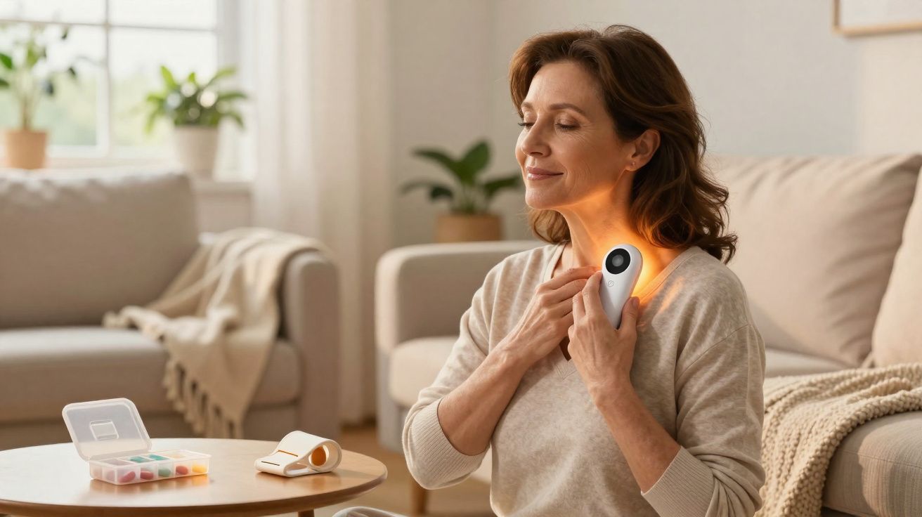 Mulher usa dispositivo de terapia de luz no pescoço, sentada numa sala de estar confortável.