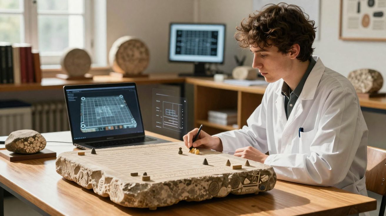 Jovem arqueólogo em bata branca analisa placa antiga com símbolos, usando laptop com gráficos na mesa.