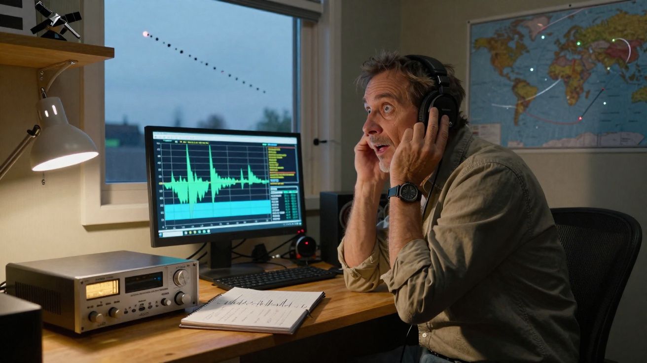 Homem sentado a ouvir em auscultadores com expressão surpresa, junto a equipamento de áudio e monitor com ondas sonoras.